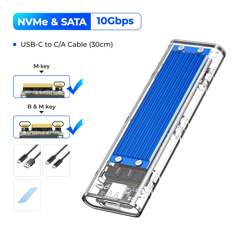 ORICO M2 SSD Case NVME SATA SSD Enclosure Tool Free 10Gbps M.2 to USB Type C Transparent External Adapter Support UASP Trim