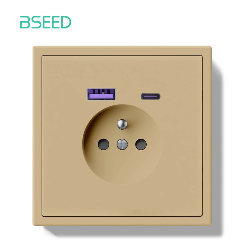 BSEED French Standard Wall Power Socket Electrical Outlets 20W USB Type-C Fast Charge Port Socket White Black Plastic Frame 16A