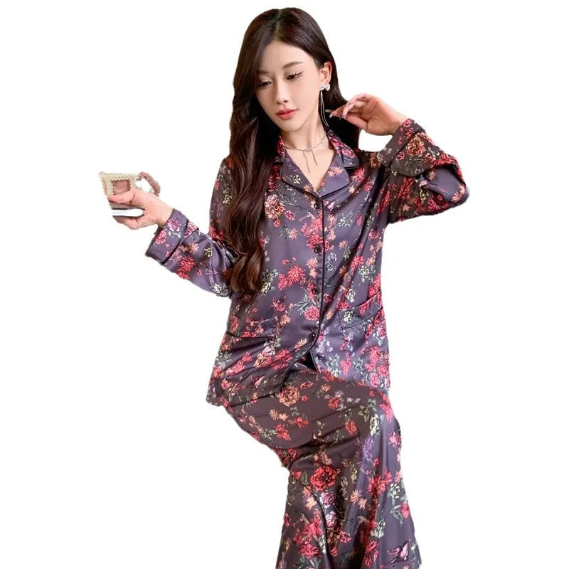 Women's Silk Pajama Set Satin Sleepwear Long Sleeve Top with Pants 2-Piece Loungewear Pj Suit Pyjama for Comfortable Nightwear