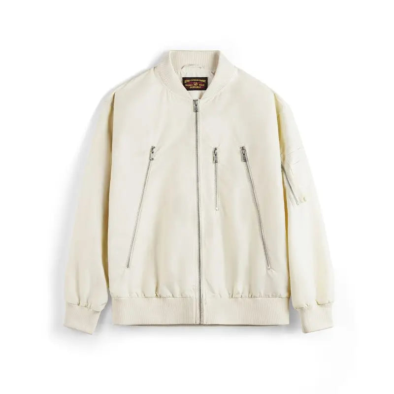 Maden Men's Vintage L2B Pilot Jacket White Lightweight Flight Bomber Jacket Short Zip-Up Casual Baseball Coat for Spring Autumn