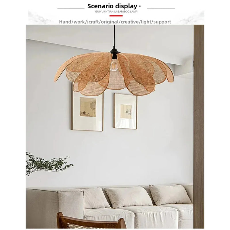 Rattan Chandelier Lights Retro Vine Pendant Lights E27 Tea Room Woven Petal Lamp Homestay Living Bedroom Restaurant Study
