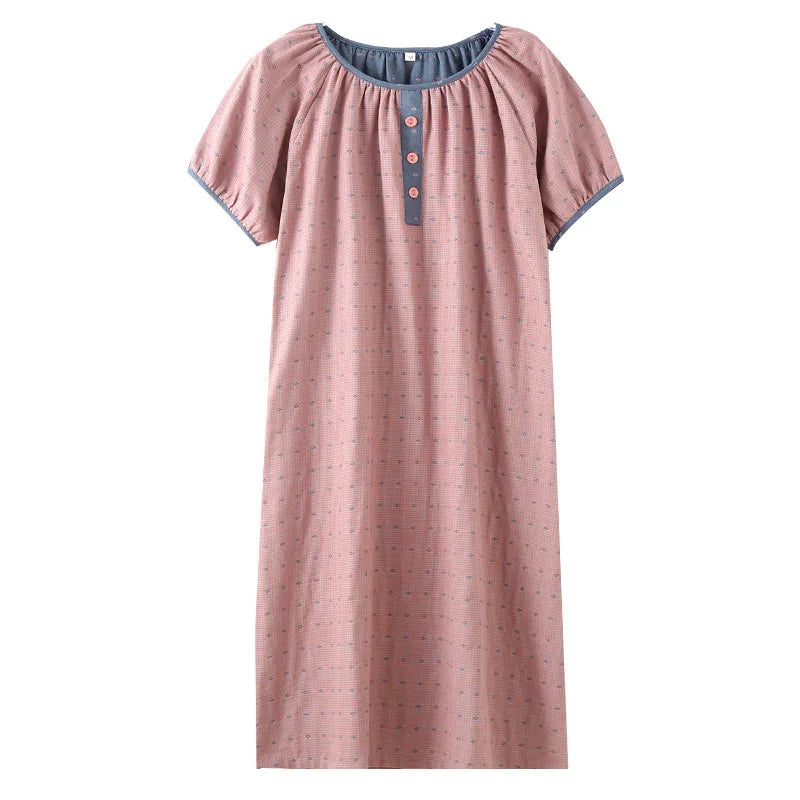 Retro Style Round Neck Nightgowns Summer Thin Cotton Gauze Nightdress Loose Simple Short Sleeve Women's Home Long Dress