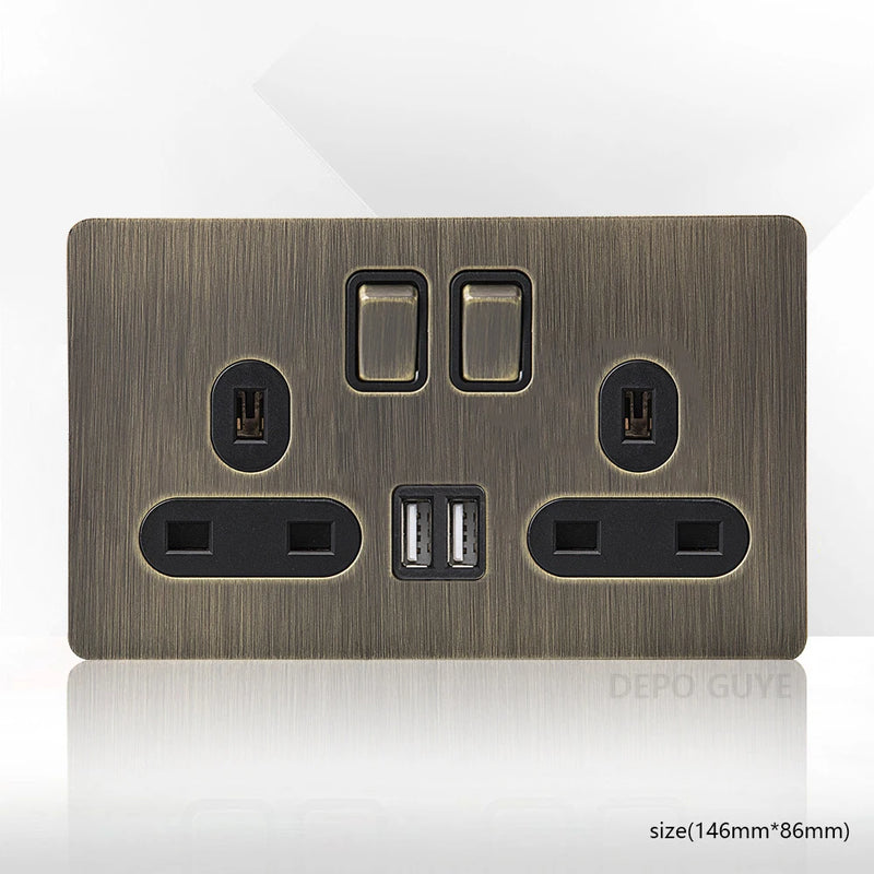 Retro Metal Brushed Antique Stainless Steel Push Button Switch Panel UK 13A Socket with USB Phone Charging for Home Improvement