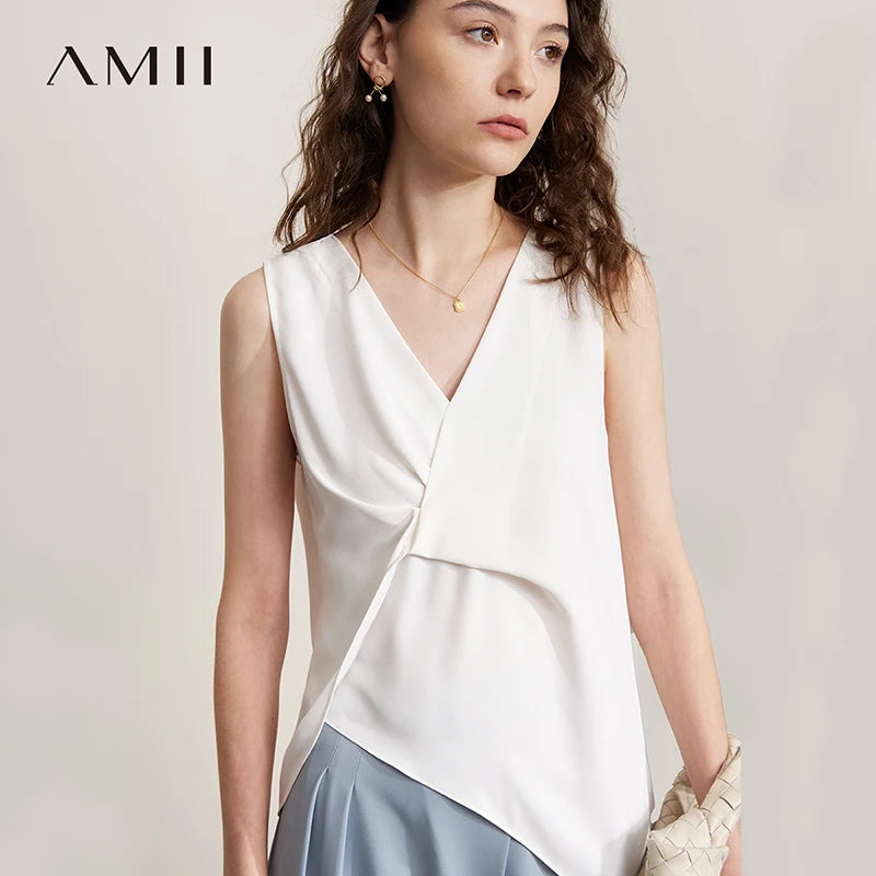 អាវស្រី Amii រដូវក្តៅឆ្នាំ ២០២៦ អាវថ្មីរាងដូចក្រណាត់ Chiffon រាងមិនស្មើគ្នា អាវការិយាល័យ អាវក V សាមញ្ញសម្រាប់ស្ត្រី 12612025