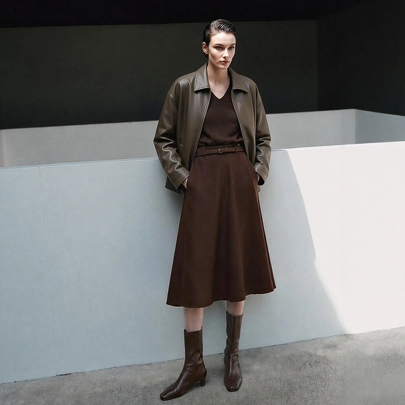 អាវធំ Amii Modern Retro Women Jacket Lapel Zip Drop Shoulder Faux Leather Jackets Oversize រដូវស្លឹកឈើជ្រុះឆ្នាំ 2026 អាវធំនារីទើបមកដល់ថ្មី 12623060