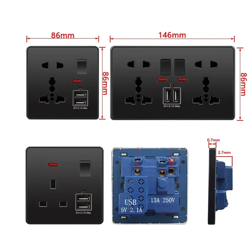 Universal 18W Fast Type C Wall 220V Power Outlet Plug, UK Black 13A Socket Switch, Electrical Wall Socket Panel with USB Charger