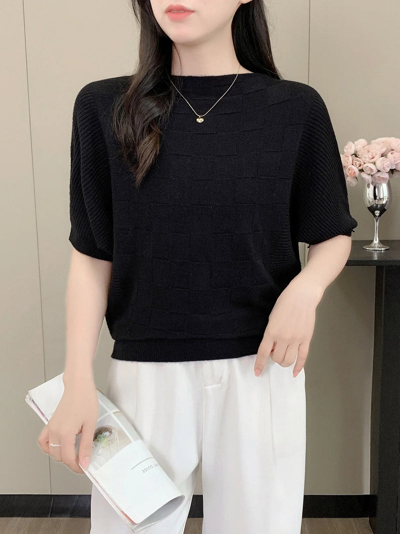 Korean Fashion One-word Collar Casual Bat-sleeved Knitted Sweater Women's Top Spring Summer Knitwear Pullover Jumper Shirt