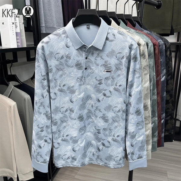 Men Breathable Mesh Polo Short Sleeve Lap Collar Abstract Feather Print Button Placket Relax Daily Wear Top