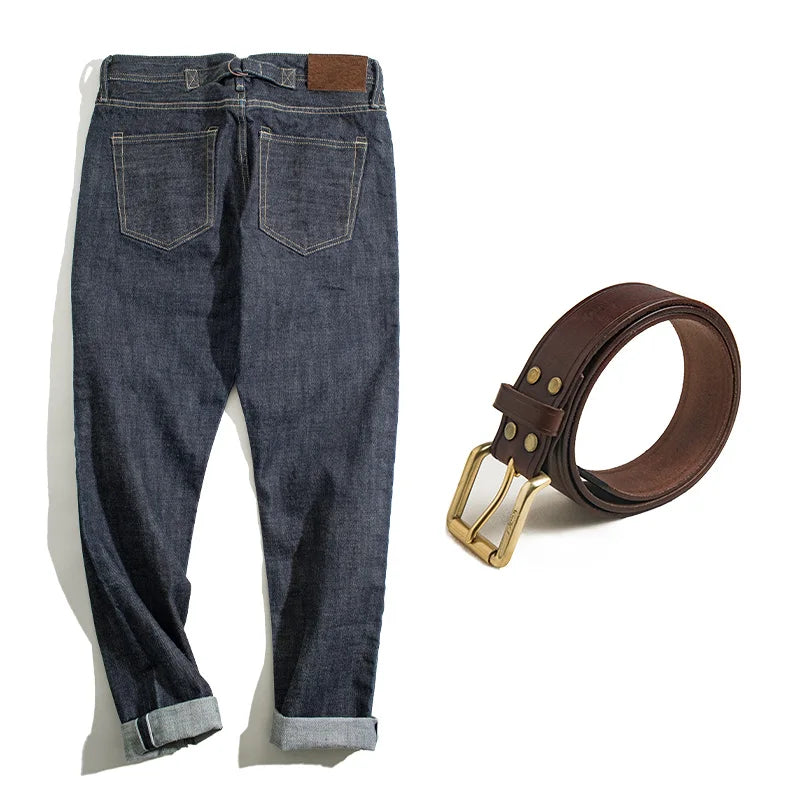 ខោខូវប៊យ Maden សម្រាប់បុរស 14oz ឆៅ Selvedge Denim Vintage Straight Fit Horsehide Leather Patch Paris Buckle Jeans សម្រាប់រដូវស្លឹកឈើជ្រុះ និងរដូវរងា