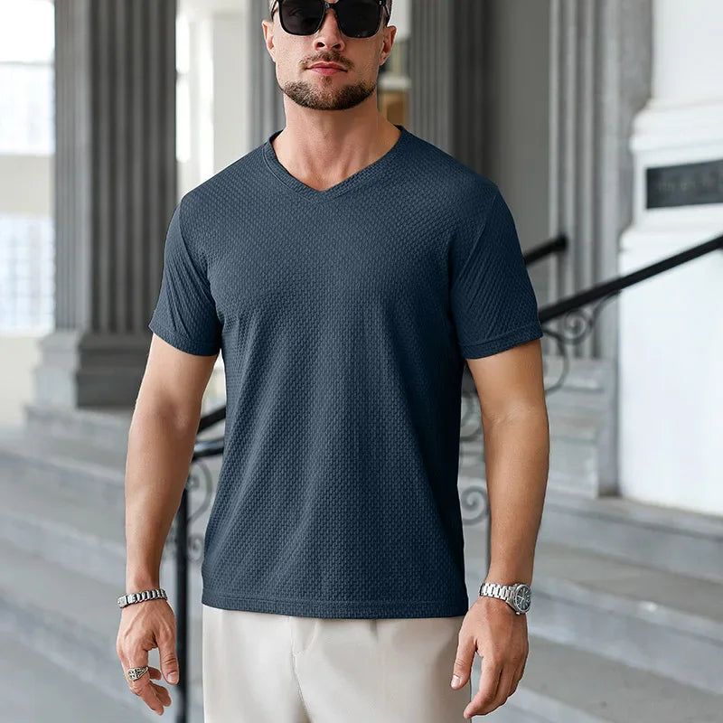 Premium Men's Business Casual V Neck T-Shirt Ice Silk Lightweight Breathable Summer Tops