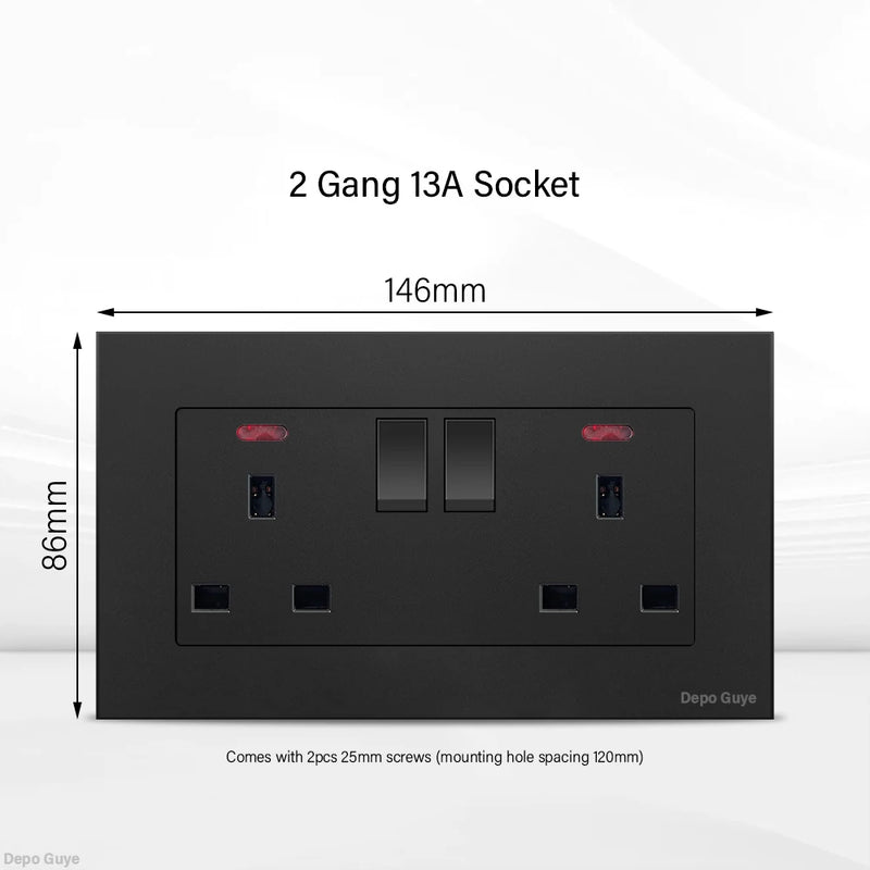 Black UK 13A Wall Socket with USB Type C 18W Quick Charge Plug Socket,Universal Wall power outlet 220V Electrical Light Switch