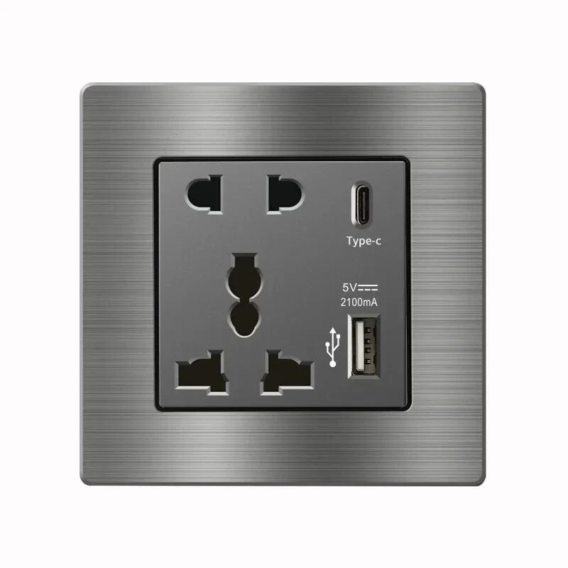 Metal grey Eu wall light switch,Stainless steel universal usb rechargeable electrical socket,220V dimmer speed control switch