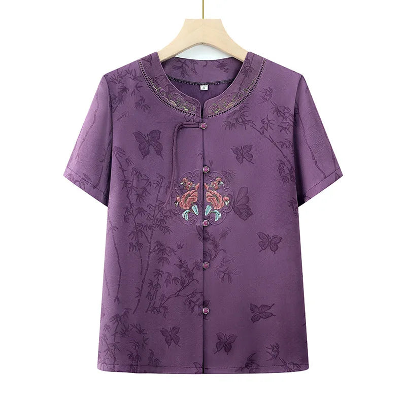 Chinese-style Women's V-neck Short-sleeve Shirts, Summer Single-breasted Embroidered Shirt, Available in Red, Purple, and Green.