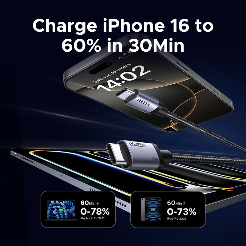 UGREEN USB C Cable PD60W Fast Charge Cable for iPhone 17 16 15 Samsung S25 S24 iPad MacBook Air Xiaomi Fast charging Data Cable