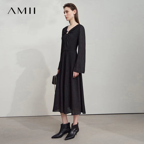 AMII Women's 2026 Autumn Dress Irregular Neck Elegant Casual Pullovers Flared Long Sleeves Dress Ladies Clothes 12523080