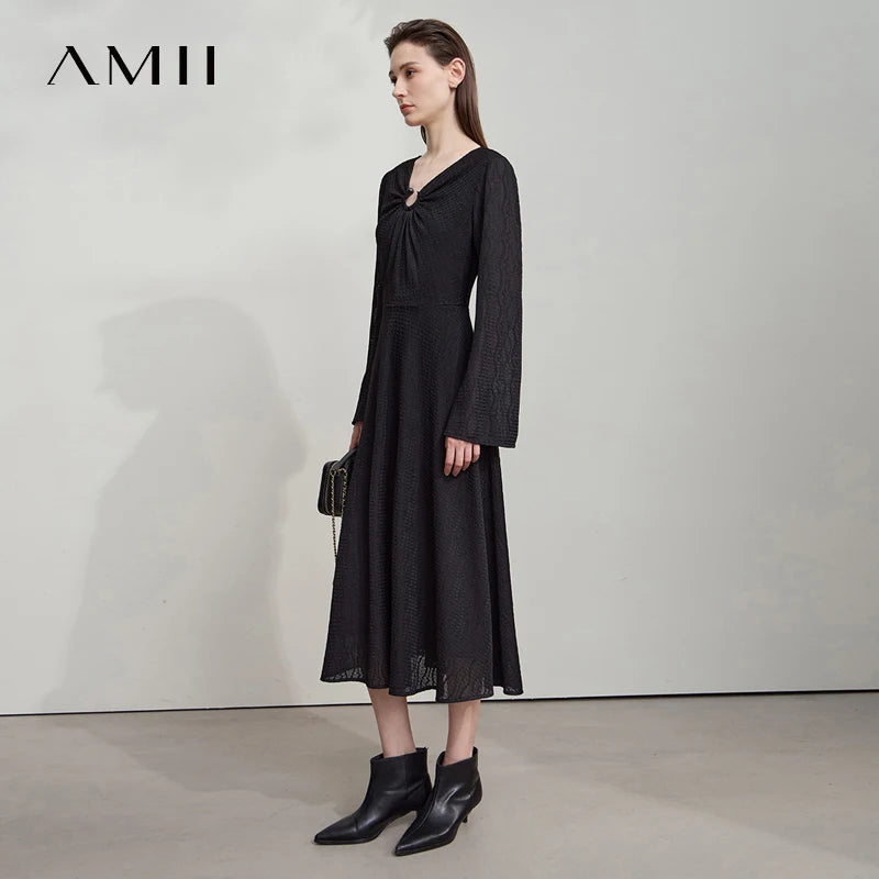 AMII Women's 2026 Autumn Dress Irregular Neck Elegant Casual Pullovers Flared Long Sleeves Dress Ladies Clothes 12523080