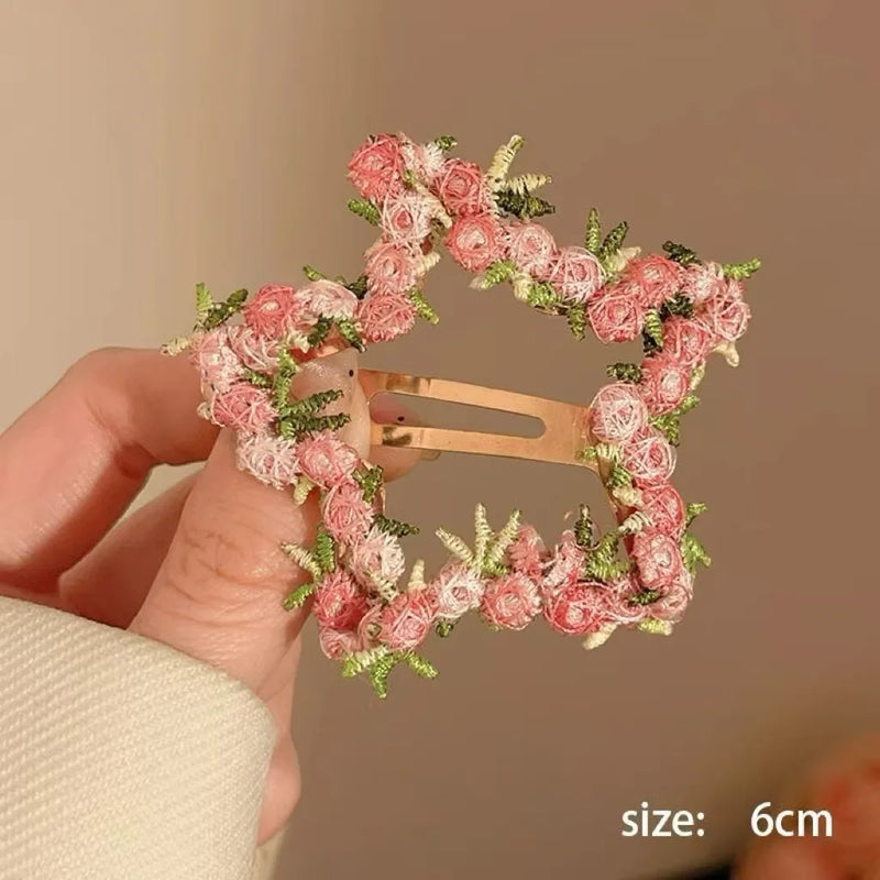 Sweet Pink Lace Flower BB Hair Clip Women Side Bangs Barrettes Elegant Hairpin for Half Updo Hairstyle Hair Accessories