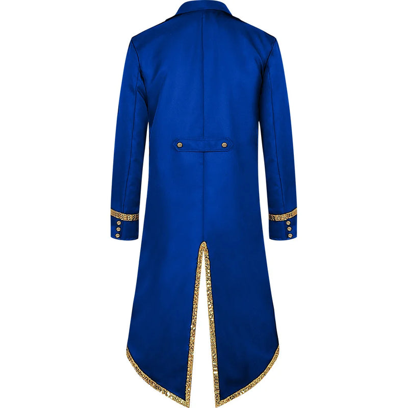 Blue Men's Halloween Trench Coat, Gold-trimmed Tailcoat with Patchwork Detailing, Medieval Mid-length Jacket, Punk-style Tops