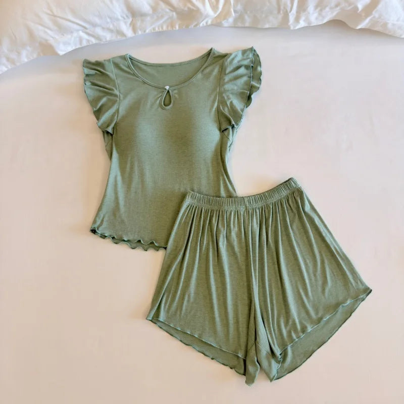 2026 Summer Women's Pajamas Home Wear Soft Short Sleeve and Shorts Sleepwear Sets Woman 2 Piece Solid Color Night Wear Female