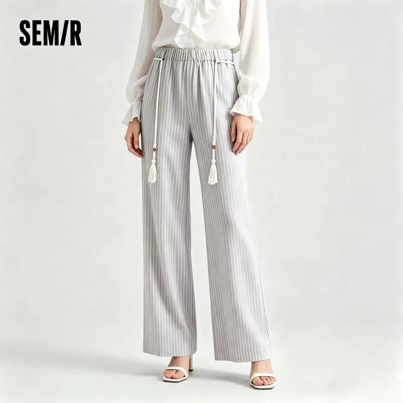 Semir Women Pants Striped 2026 Soft Drape Wide Leg Belted Urban Casual Everyday Style Soft Comfortable Daily Wear Trendy