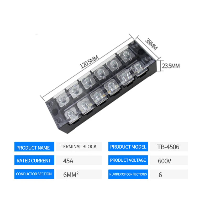 15A/25A/45A 3/4/6/8/10/12 Dual Row Barrier Screw Terminal Block Strip Wire Connector 600V Positions Optional