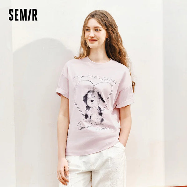 អាវយឺតស្ត្រី Semir ឆ្នាំ ២០២៦ បោះពុម្ពកប្បាសសុទ្ធរលុងរចនាបថខ្ជិលច្រអូសរចនាប្លែកធម្មតាទន់ពាក់ប្រចាំថ្ងៃ