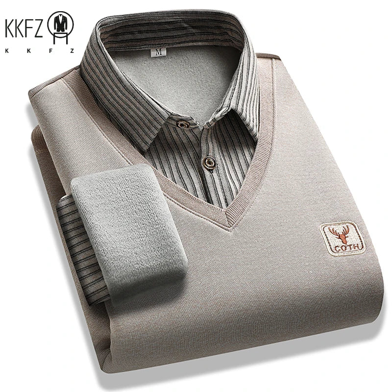 Fashion Men Striped Collar Knitted Top Fake Two Piece Pullover Long Sleeve Business Commute Knit Sweater With Small Logo
