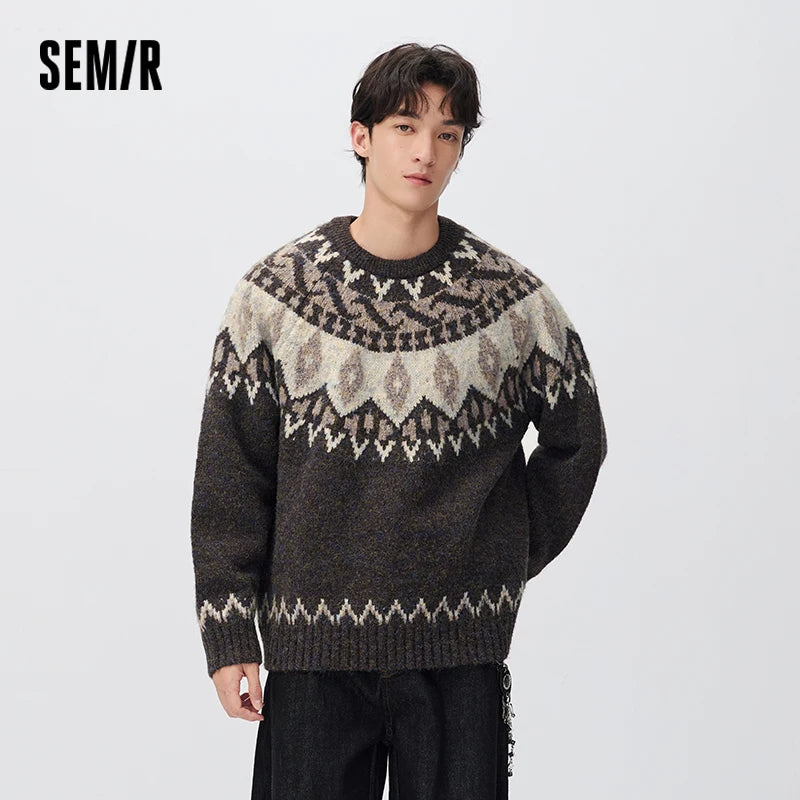 Semir Men Knit Sweater Geometric Jacquard Vintage Style Crew Neck 2026 New Winter Daily Wear Urban Casual Style