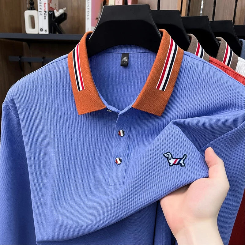 Designer Edition 100%Cotton Man Long-Sleeved Polo Shirt Lapel Button Color Blocking Dog Embroidery Autumn New Leisure Men's Wear