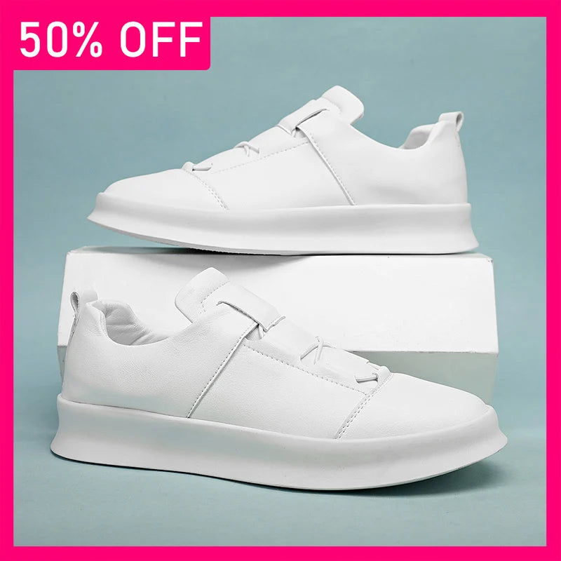 Mens Board Shoes New Low Cut Leather Lace Up Casual Shoes Anti Slip Soft Sole Cosy Breathe Versatile Commuting White Sneakers