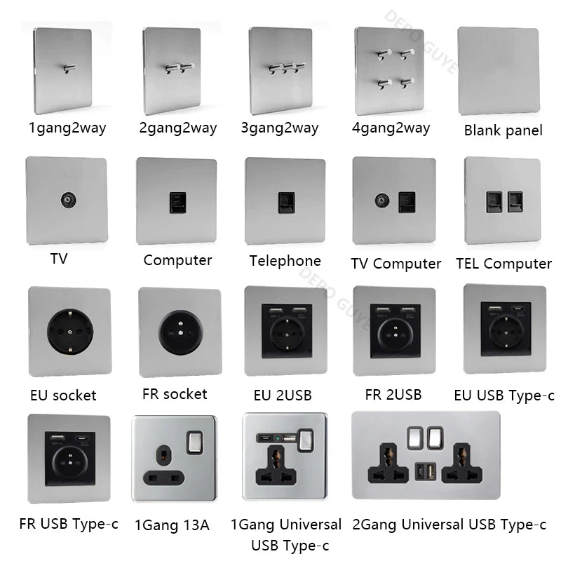 Wall Light Toggle Retro Switch Panel 1-4 Gang 2 Way EU Silver Gray Brushed Stainless Steel Antique Switch Outlet with USB Chargi