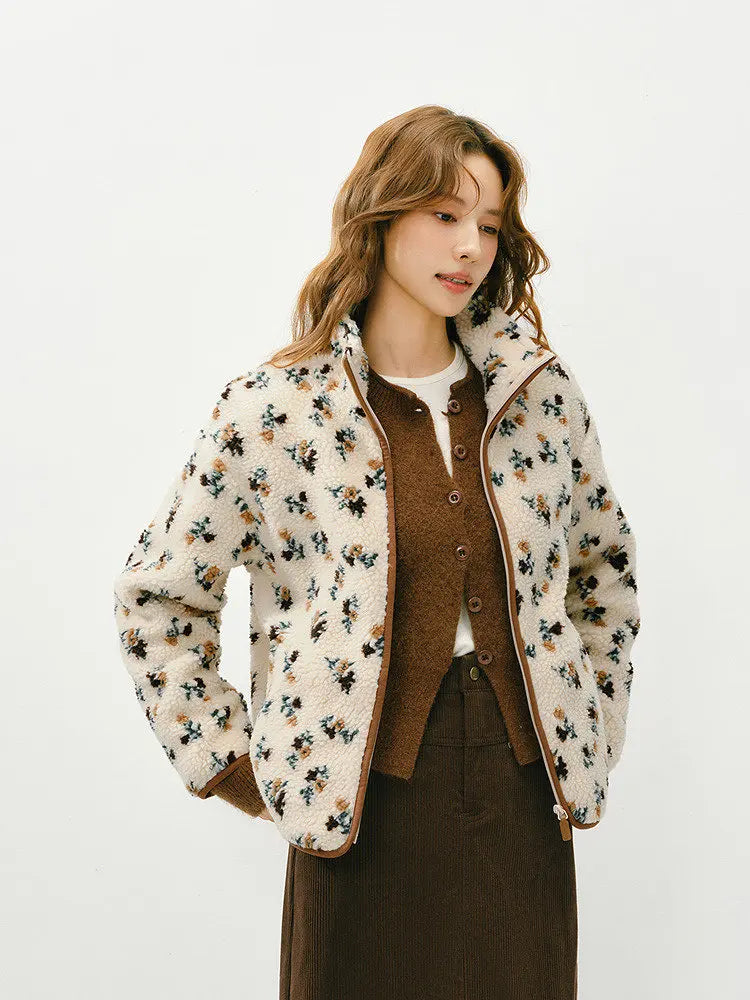 Semir Jacket Women Winter Faux Lamb Wool Fleece Stand Collar Loose Patterned 2025 New Fashion Retro Jacket Women'S Wear
