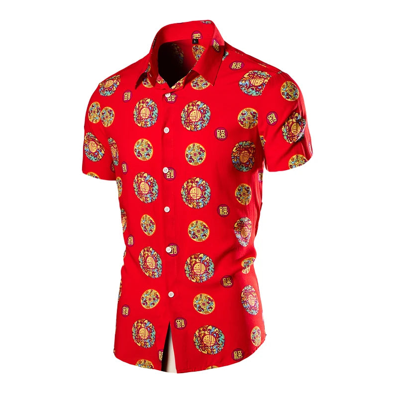 2026 Chinese Style Bright Men's Red Print Long Sleeve Shirt, Single Breasted Lapel Shirts, Green Black Fashion Casual Camisa