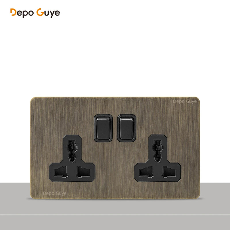 146 Type Retro Metal Panel UK 13A Wall Socket,Bronzed Stainless Steel Power Universal 3-pin Dual Power Socket With USB C charge