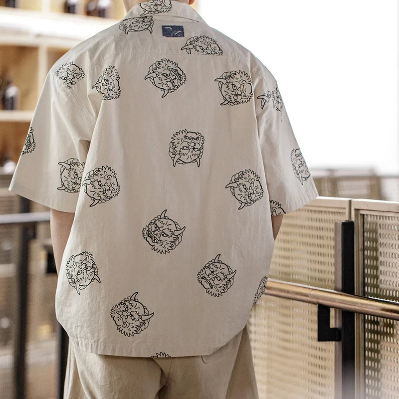 Maden Men's Japanese Vintage Linen Sense Print Shirts 100% Cotton Loose Short Sleeve Shirt Blouses 2023 Summer Workwear Tops