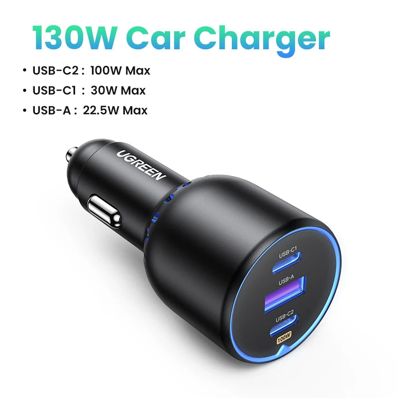 UGREEN 130W USB C Fast Car Charger For Xiaomi iPhone 18 Samsung Galaxy S25 Laptops PD3.0 Fast Charging USB Type C Car Charger