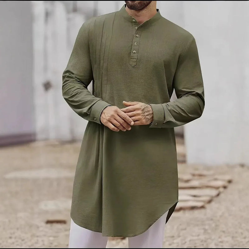 2026 Summer New Style Men's Long Cotton Shirt, Middle Eastern Arab Muslim Robe, Available in White, Black, Blue and Green.