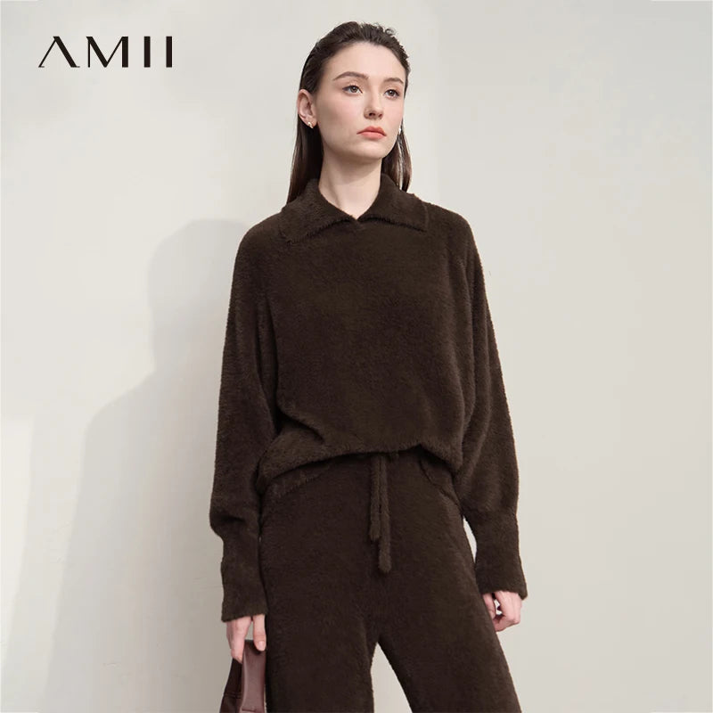 AMII Women's Sweater 2026 Autumn New Minimalist Loose Tops For Woman Pullover Long Sleeve Solid Versatile Ladies Clothes12553047
