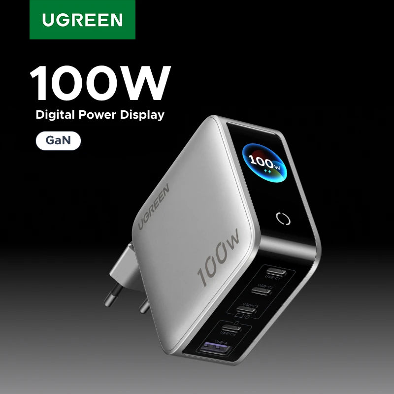 UGREEN 100W GaN Charger With Smart Display QC4.0 PD 3.0 USB C Charger For MacbookPro Laptop iPhone 18 17 Pro iPad Tablet Samsung