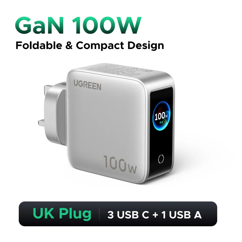 UGREEN 100W GaN Charger With Smart Display EU/UK/US Foldable Plug QC4.0 AVS For Macbook Pro Laptop iPhone 18 17 Pro iPad Samsung