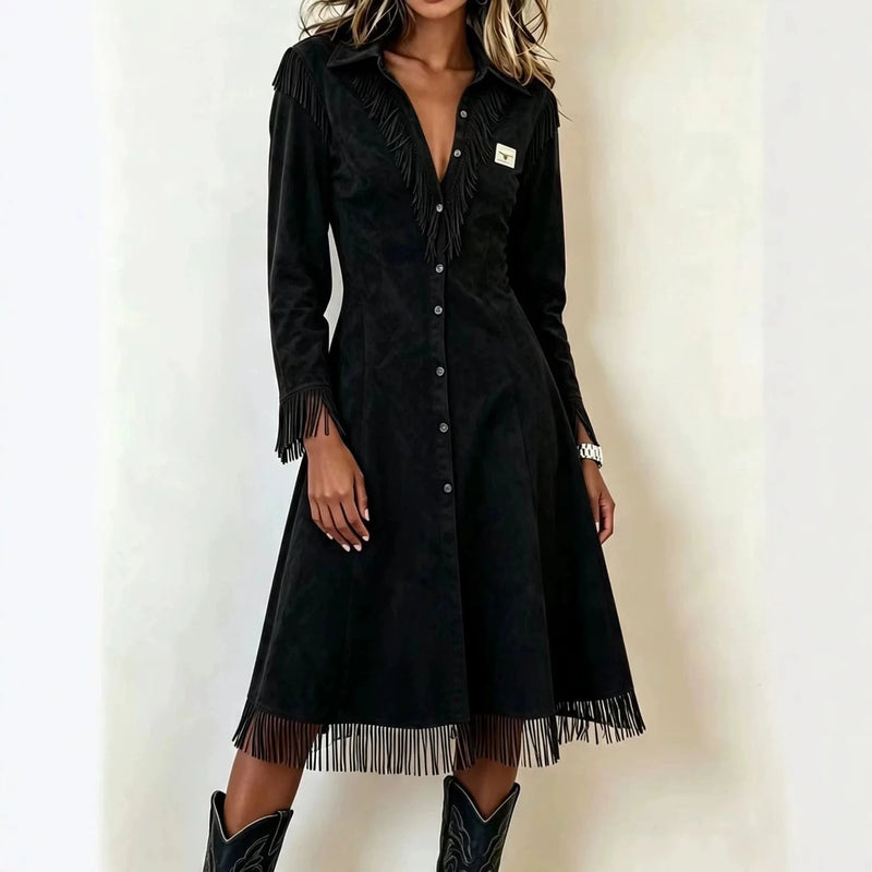 Women's Western-style Long-sleeved Trench Coat;A Figure-hugging Jacket with Fringe Details for Spring/Fall; Blue,Red,Black,Brown