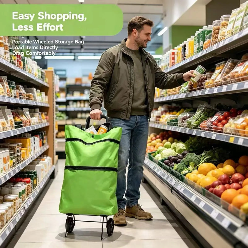 Portable Shopping Cart, Foldable Shoulder Bag with Wheels, Lightweight Hand-Pushed Cart for Home Use