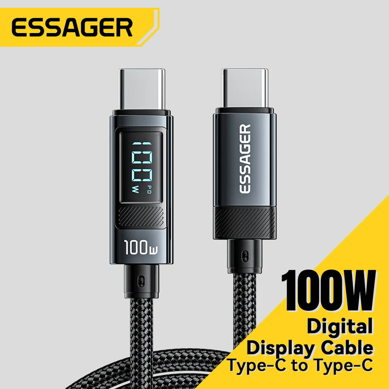 ខ្សែសាក Essager 100W USB Type C 90° LED Digital Display Cable 5A PD Fast Charging សម្រាប់ iPhone 16 15 Huawei Xiaomi Samsung MacBook