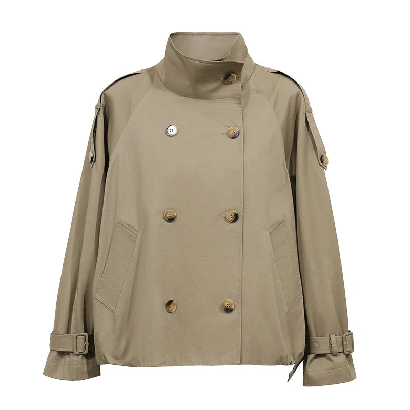 Amii Women's Cropped Trench Coat Cotton Stand Collar Double Breasted Raglan Sleeve Jacket Casual Outerwear Windbreaker 12623100