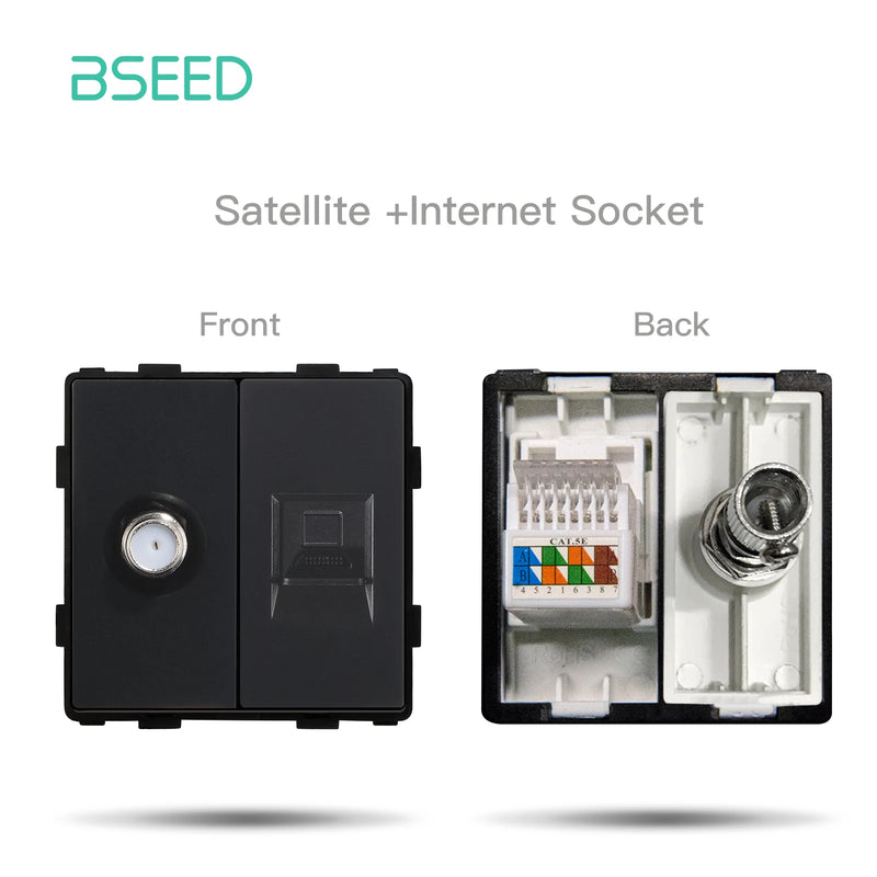 BSEED EU Wall Glass Panel With Double Internet Socket CAT5 RJ45 ST TV USB Function Parts Power Socket DIY Free Combination