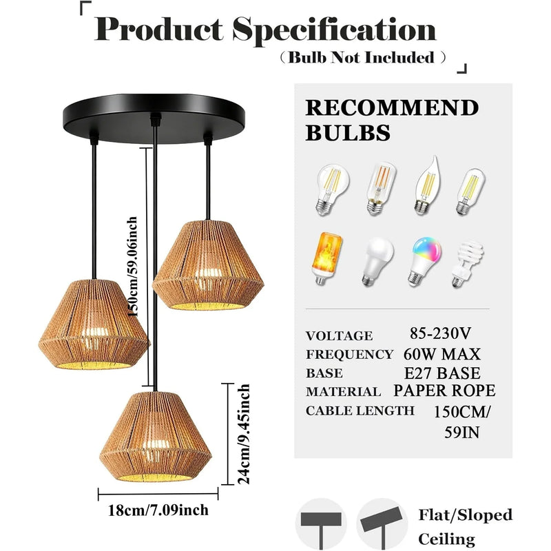 JOYINLED 3-Lights Handmade Pendant Lamp Boho Natural Rattan Ceiling Hanging Light Fixture Living Room Home Decor LED Chandelier