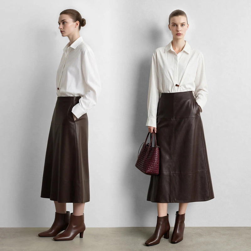 Amii Women's Faux Leather A-Line Midi Skirt Loose Pockets Slim High Waist Business Casual Vintage Skirts Woman Clothes 12643031