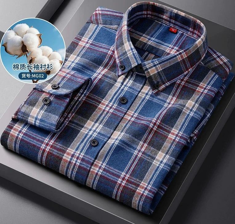 Men's Long-sleeve Shirt for Spring and Fall; Cotton-polyester Blend, Single-breasted, Notched-collar Striped Shirts.