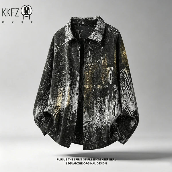 Mens Vintage Texture Graffiti Shirt Turn Down Collar Long Sleeve Button Front Relaxed Streetwear Casual Outerwear