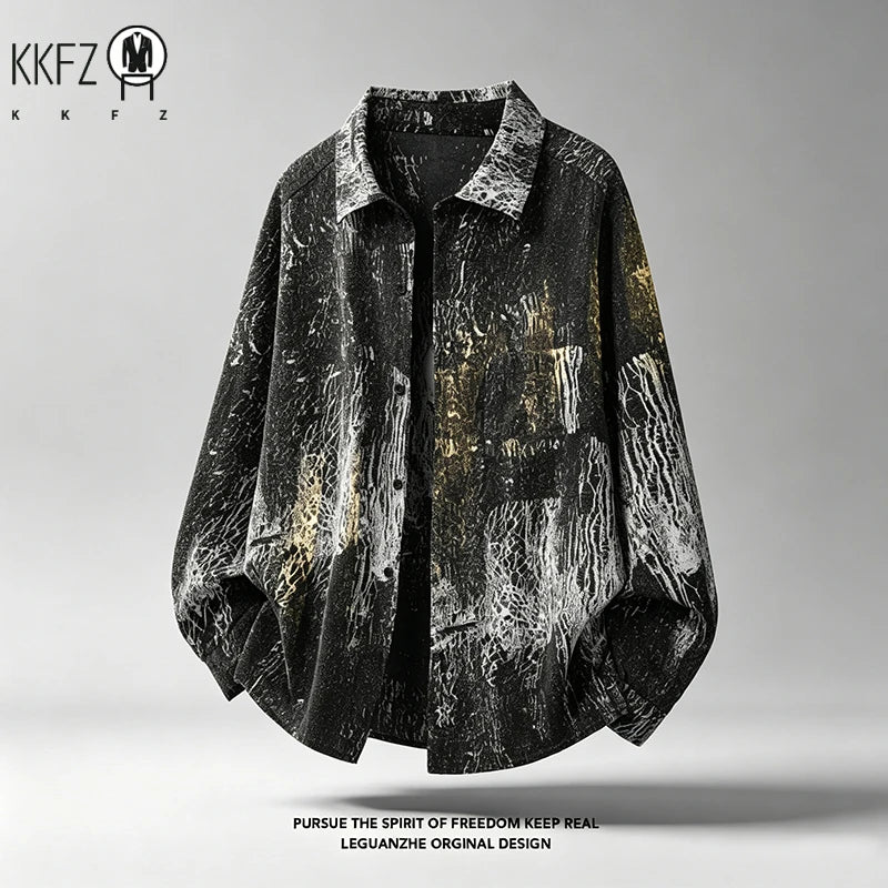 Mens Vintage Texture Graffiti Shirt Turn Down Collar Long Sleeve Button Front Relaxed Streetwear Casual Outerwear